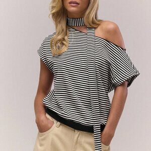 Casual Women's Asymmetrical Neck Slouch Stripe Scarf Detail blouse
